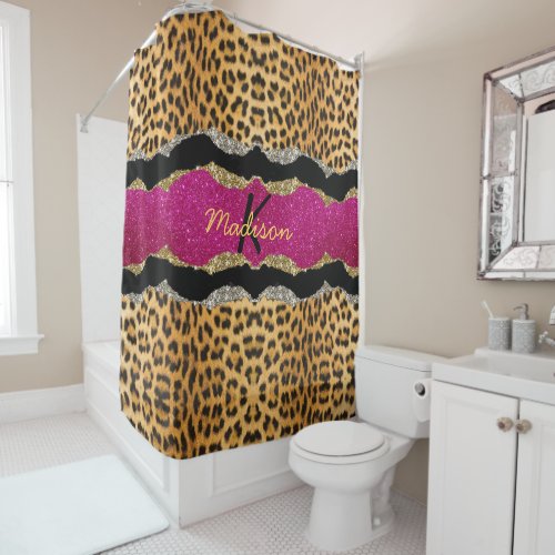 Stylish girly animal print pink glittery monogram shower curtain