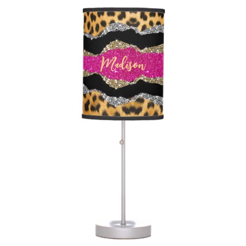 Stylish girly animal print pink glittery monogram table lamp