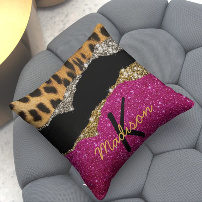 Stylish girly animal print pink glittery monogram throw pillow (Creator Uploaded)