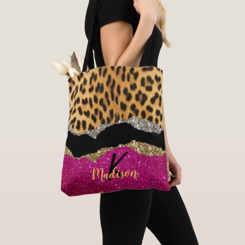 Stylish girly animal print pink glittery monogram tote bag