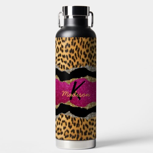 Stylish girly animal print pink glittery monogram  water bottle