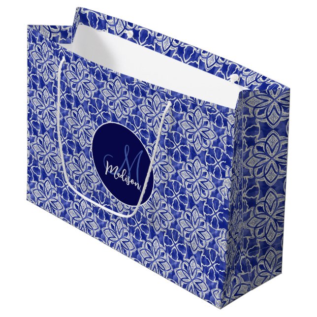 Stylish girly blue grey initial monogrammed  large gift bag (Front Angled)