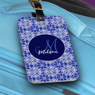 Stylish girly blue grey initial monogrammed luggage tag