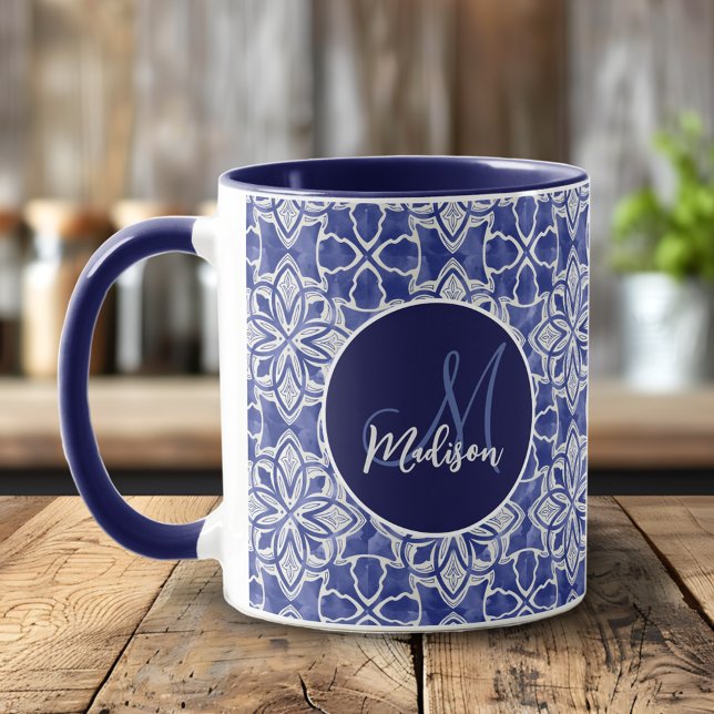Stylish girly blue grey initial monogrammed  mug (Creator Uploaded)