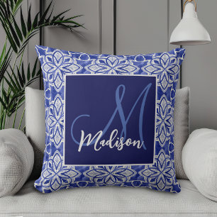 Stylish girly blue grey initial monogrammed  throw pillow