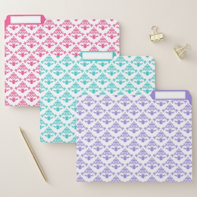 Stylish Girly Chic Damask Pink Teal Lavender File Folder (Set)