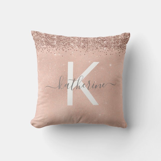 Stylish Girly Chic Rose Gold Glitter Monogram Throw Pillow (Front)
