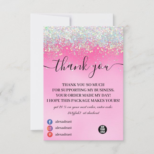 Stylish Girly Dripping Pink Glitter Thank You Card (Front)