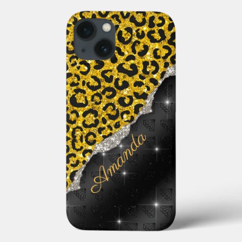 Stylish girly faux glitter animal print Monogram  iPhone 13 Case