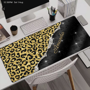 Stylish girly faux glitter animal print Monogram Desk Mat