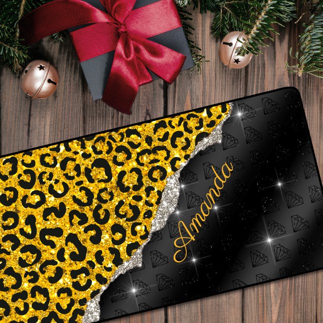 Stylish girly faux glitter animal print Monogram Desk Mat (Creator Uploaded)
