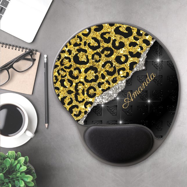 Stylish girly faux glitter animal print Monogram Gel Mouse Pad (Creator Uploaded)
