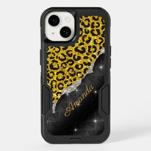 Stylish girly faux glitter animal print Monogram  OtterBox iPhone 14 Case