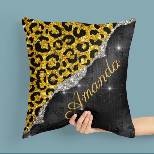 Stylish girly faux glitter animal print Monogram Throw Pillow