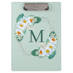 Stylish Girly Floral Silver Sparkle Monogram Clipboard