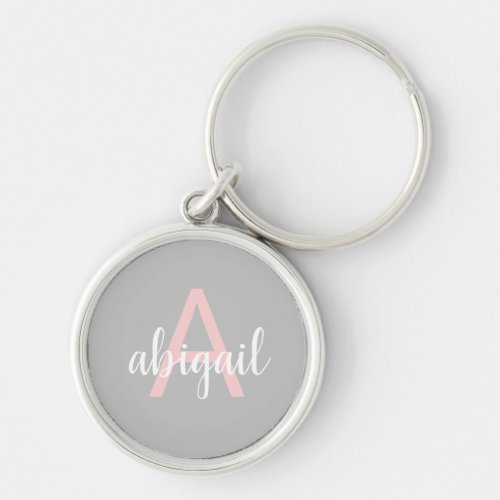 Stylish Girly Gray Pink Modern Monogram Name Keychain