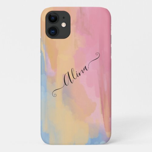 Stylish Girly pastel Watercolor monogram name iPhone 11 Case