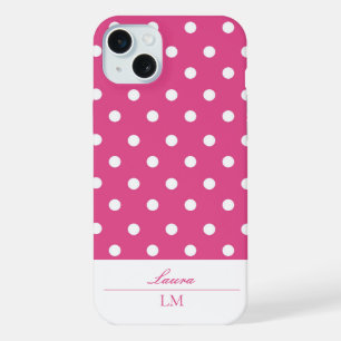 Stylish Girly Pink and White Polka Dots iPhone 15 Plus Case