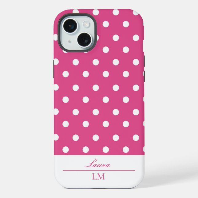 Stylish Girly Pink and White Polka Dots Tough iPhone Case (Back)