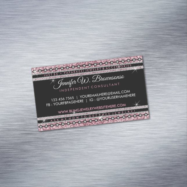 Stylish Girly Pink Elegant Diamond Luxury Jewelry Business Card Magnet (In Situ)