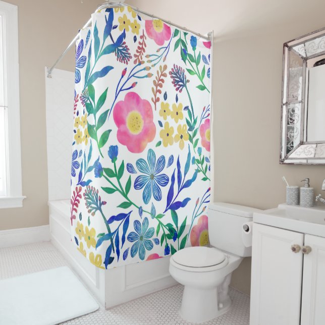 Stylish girly pink flowers hand paint design shower curtain (In Situ)