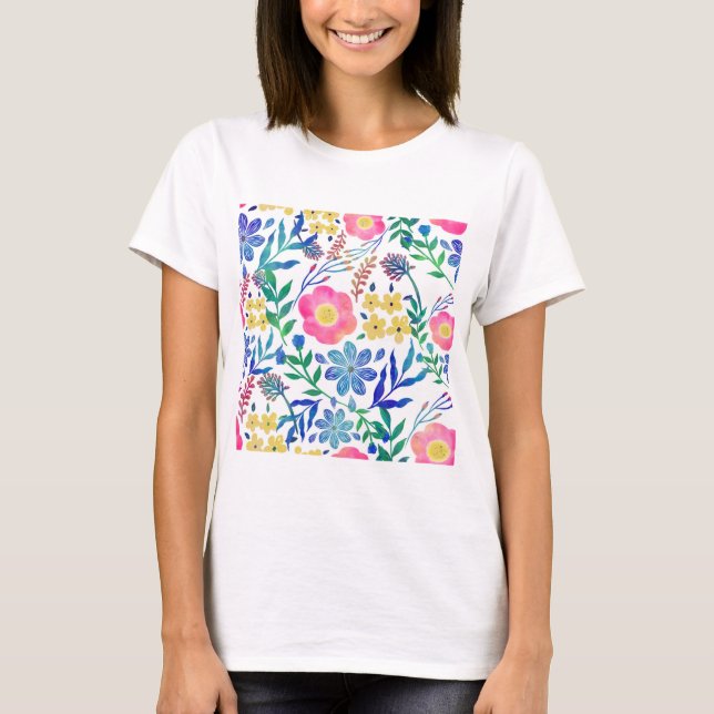 Stylish girly pink flowers hand paint design T-Shirt (Front)