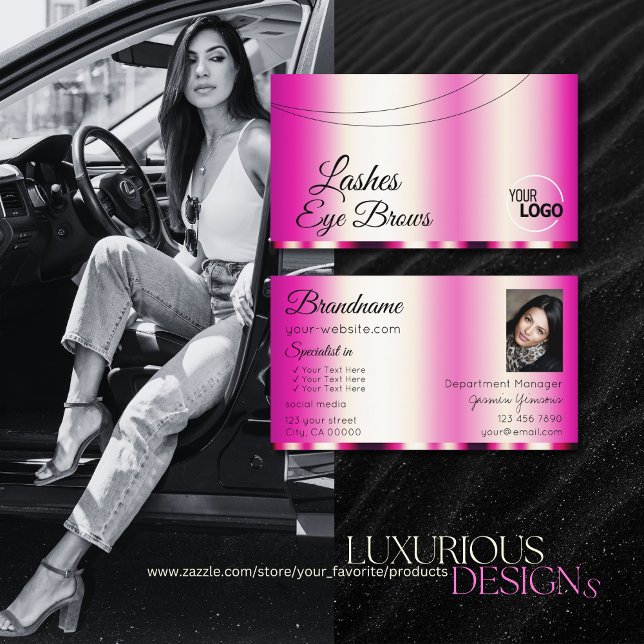 Stylish Girly Pink Glamorous with Logo and Photo Business Card (Creator Uploaded)