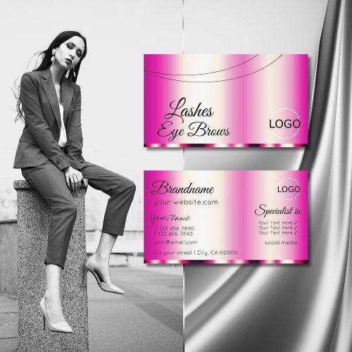 Stylish Girly Pink Glamorous with Logo Modern Business Card