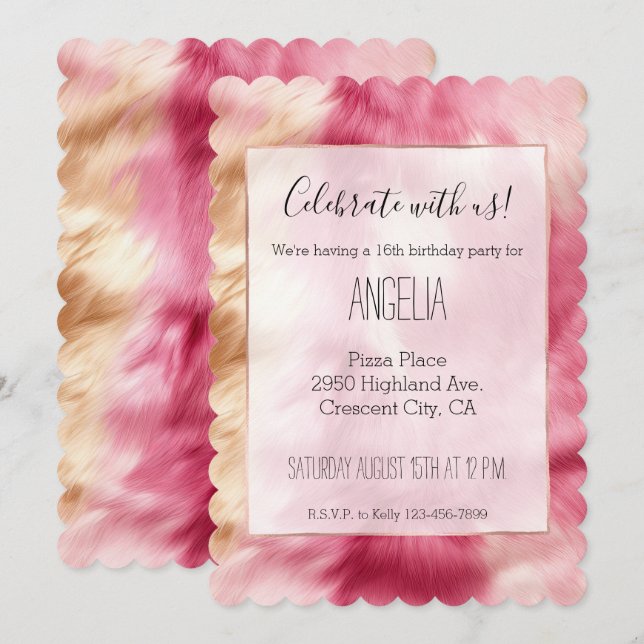 Stylish Girly Pink Gold White Animal Fur  Invitation (Front/Back)