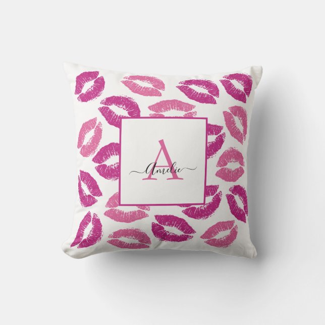 Stylish Girly Pink Kisses Lips Monogram Name Throw Pillow (Front)