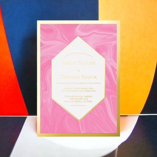 Stylish Girly Pink Minimal Abstract Wedding Gold Foil Invitation (Creator Uploaded)