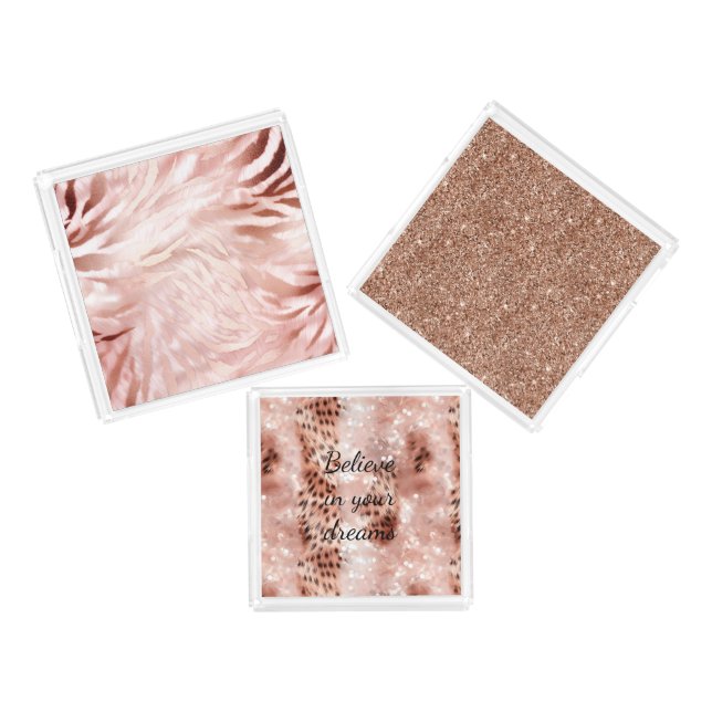 Stylish Girly Pink Rose Gold Leopard Glitz Acrylic Tray (Set)