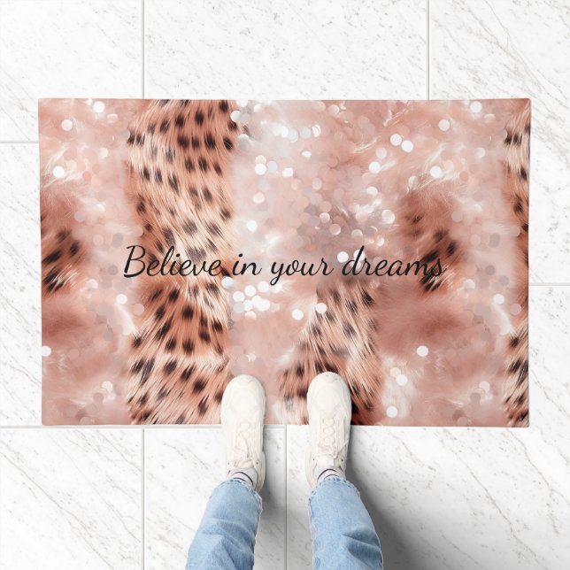 Stylish Girly Pink Rose Gold Leopard Glitz Doormat (Indoor)
