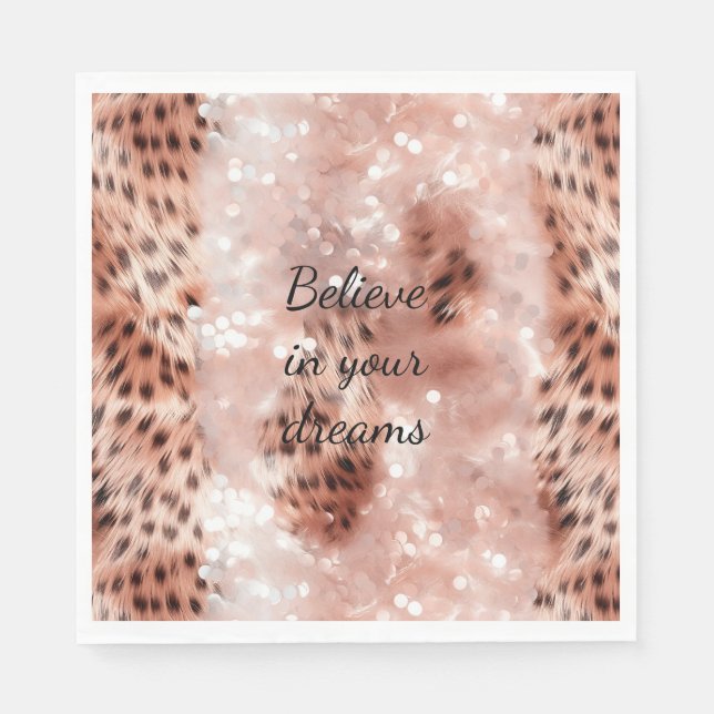 Stylish Girly Pink Rose Gold Leopard Glitz Napkins (Front)