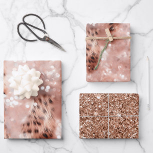 Stylish Girly Pink Rose Gold Leopard Glitz Wrapping Paper Sheets