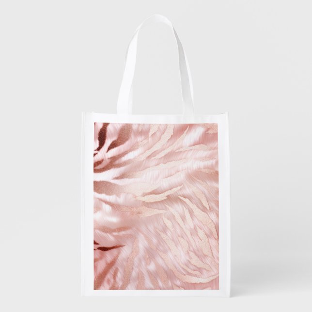 Stylish Girly Pink Rose Gold Zebra Glam Glitz  Grocery Bag (Front)