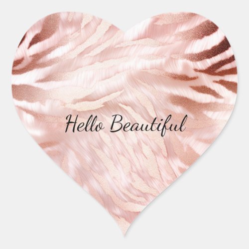 Stylish Girly Pink Rose Gold Zebra Glitz Heart Sticker