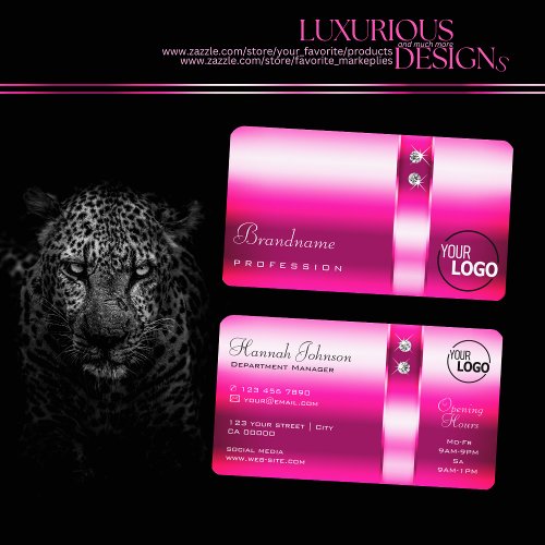 Stylish Girly Pink Shimmer Diamonds and Logo Smart Business Card
