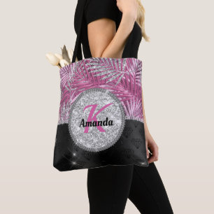 Stylish girly pink silver glitter leaves monogram tote bag