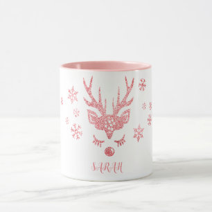 Stylish Girly Pink Snowflakes Reindeer Christmas Mug