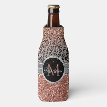 Stylish Girly Rose Gold Glitter Leopard Monogram Bottle Cooler by ironydesigns at Zazzle