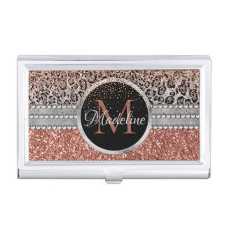 Stylish Girly Rose Gold Glitter Leopard Monogram Business Card Case