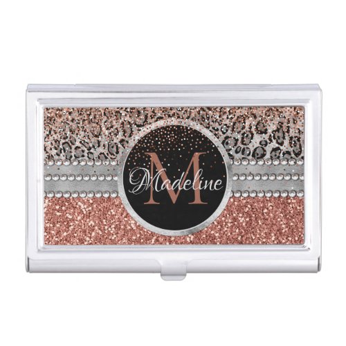 Stylish Girly Rose Gold Glitter Leopard Monogram Business Card Case