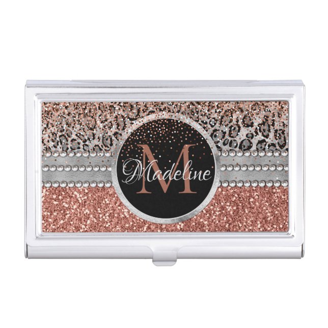 Stylish Girly Rose Gold Glitter Leopard Monogram Business Card Case (Front)