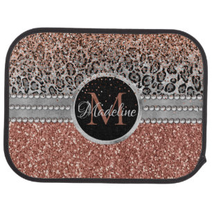 Stylish Girly Rose Gold Glitter Leopard Monogram Car Floor Mat