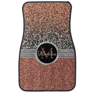 Stylish Girly Rose Gold Glitter Leopard Monogram Car Floor Mat