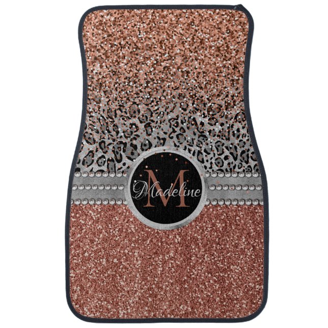 Stylish Girly Rose Gold Glitter Leopard Monogram Car Floor Mat (Front)