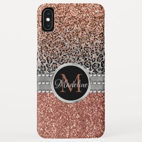 Stylish Girly Rose Gold Glitter Leopard  Monogram iPhone XS Max Case