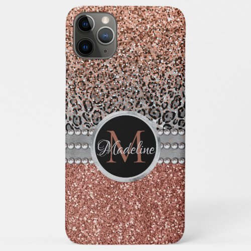 Stylish Girly Rose Gold Glitter Leopard  Monogram iPhone 11 Pro Max Case