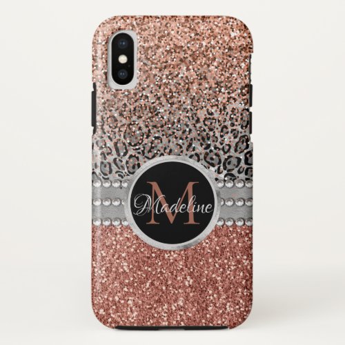 Stylish Girly Rose Gold Glitter Leopard  Monogram iPhone X Case